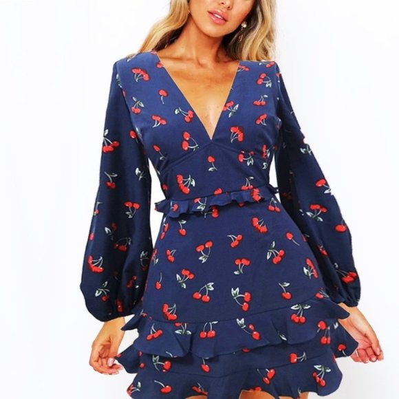 Sexy/Elegant Cherry Print Long Sleeve Dress - Picture 1 of 10